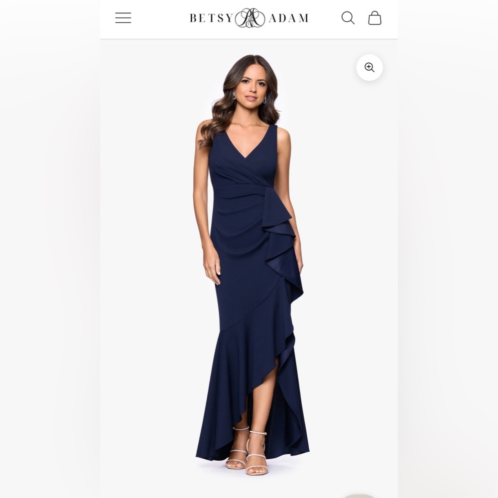 Betsy & Adam "CANDACE" LONG V- NECK HI LOW CASCADE DRESS, Navy Dress